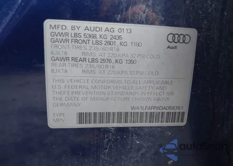 2013 Audi Q5 2.0T Premium z USA, uszkodzony, nr VIN WA1LFAFP6DA058761